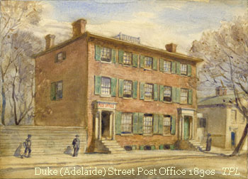 Illustration of York's Fourth Post Office on Duke Street, 1830's.